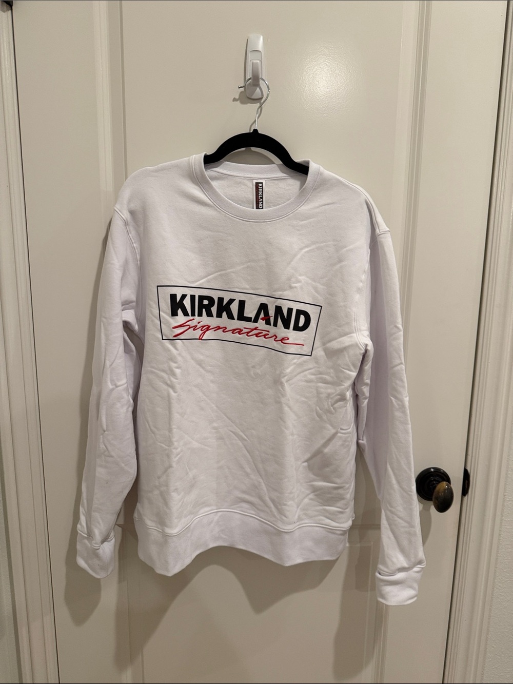 Kirkland Signature White Crewneck Sweatshirt with Black & Red Logo